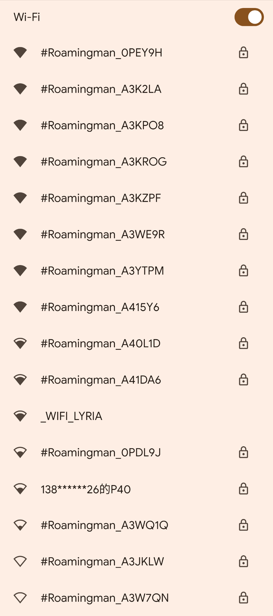 A list of Wi-Fi hotspots, over 15 of them starting with "#Roamingman"