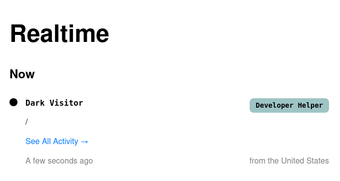 Screenshot of Dark Visitors' Realtime dashboard showing that the Dark Visitor bot visited my website a few seconds ago.