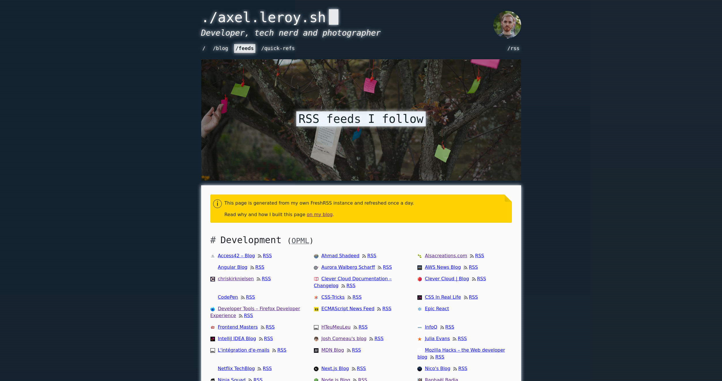 A page named "RSS feed I follow", with a title reading "Development (OPML)" and a list of websites on three columns.
