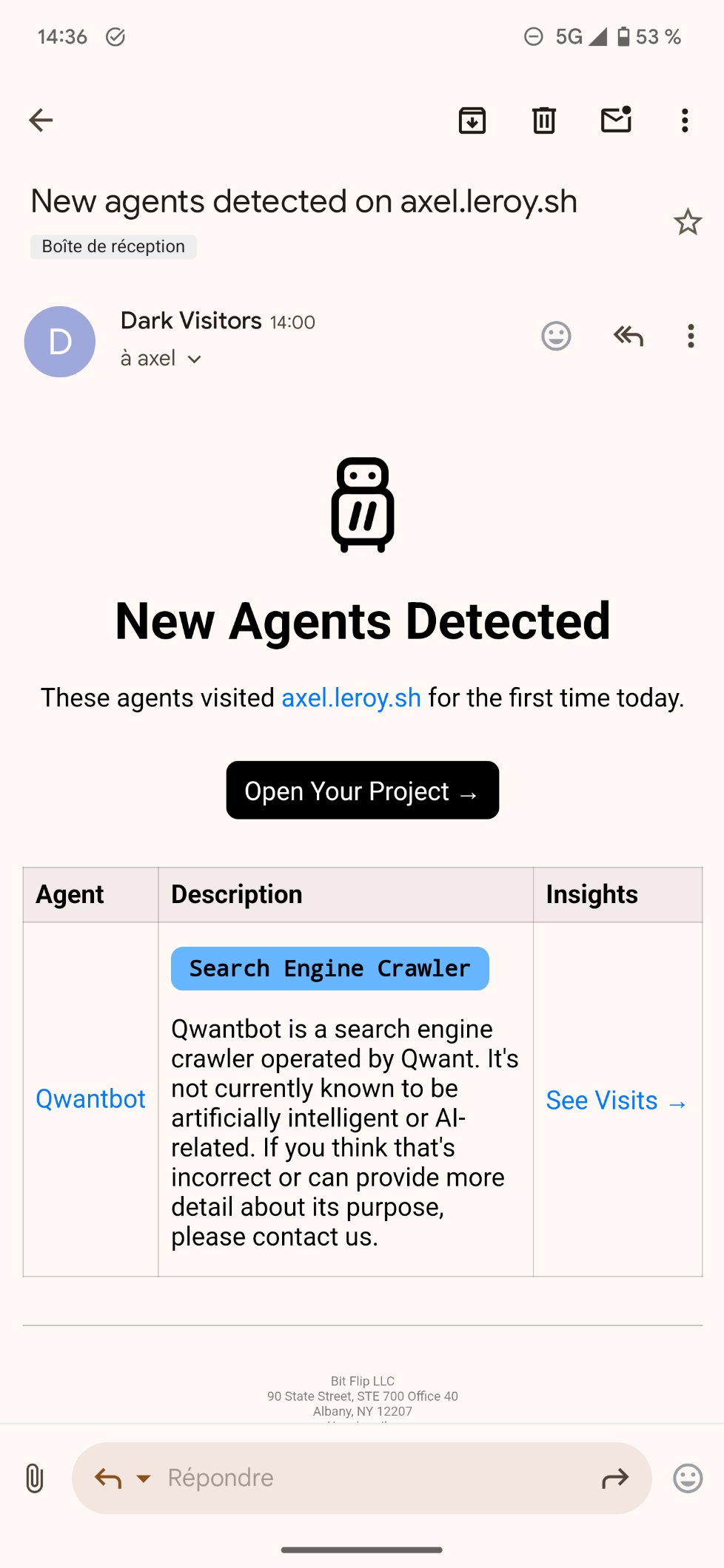 A mail from Dark Visitors alerting me that "Qwantbot", Qwant's crawler, visited my website.
