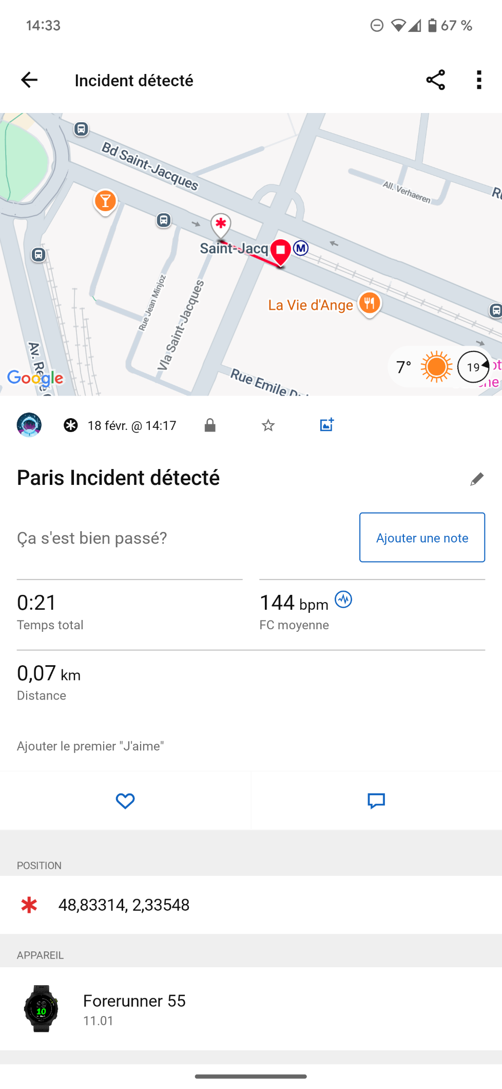 Capture d'écran de l'application Garmin affichant une activité nommée "Paris Incident détecté".
Diverse informations sont affichées (position GPS, heure, temps, distance, fréquence cardiaque) et il y a même des options pour laisser des notes, un "j'aime" ou des commentaires.