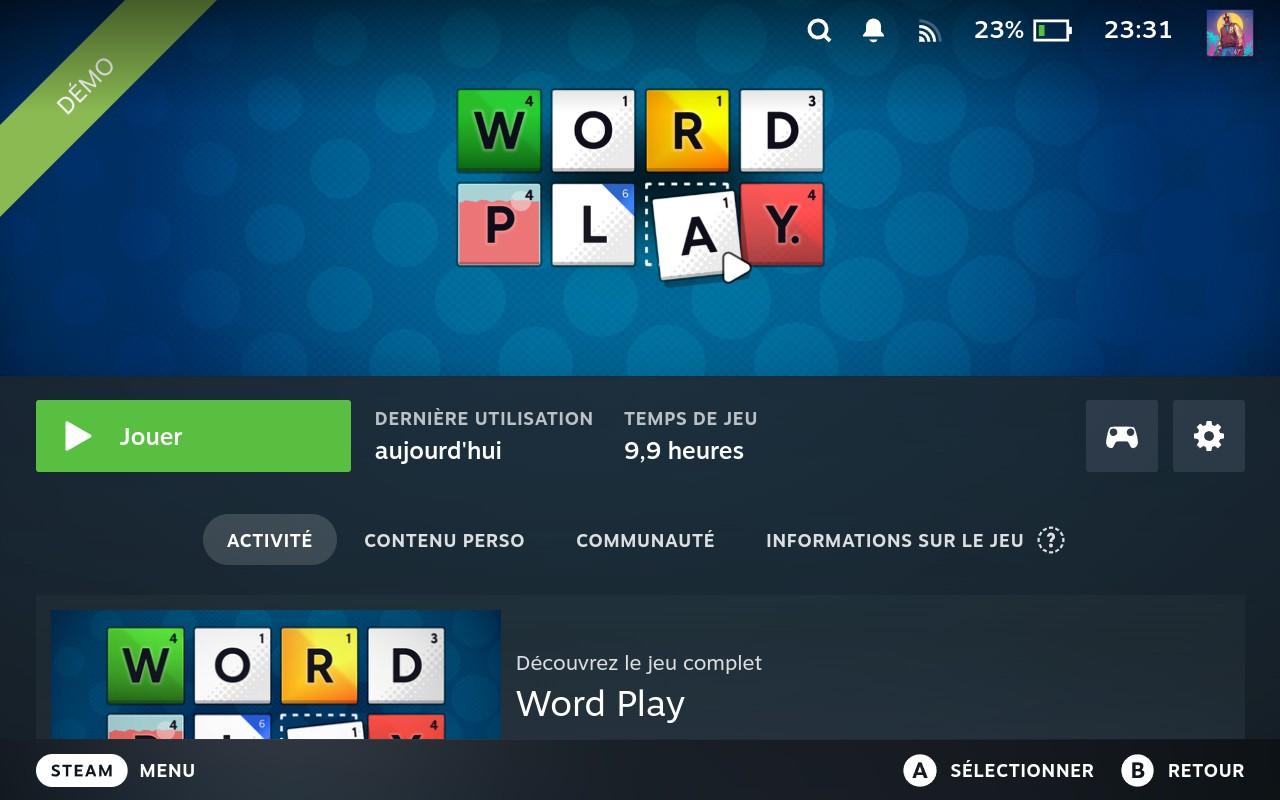 Screenshot of Steam showing 9,9 hours of playtime for Word Play's demo.