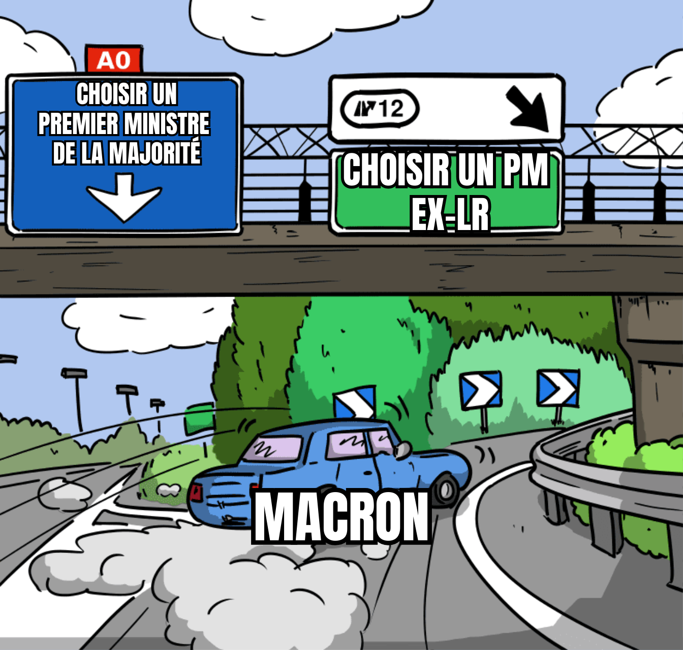 Mème : sur l'autoroute, un panneau indique « Choisir un Premier ministre  de la majorité » tout droit et « Choisir un PM  ex-LR » sur la sortie à droite. Une voiture taguée « Macron » fait un dérapage pour prendre la sortie.