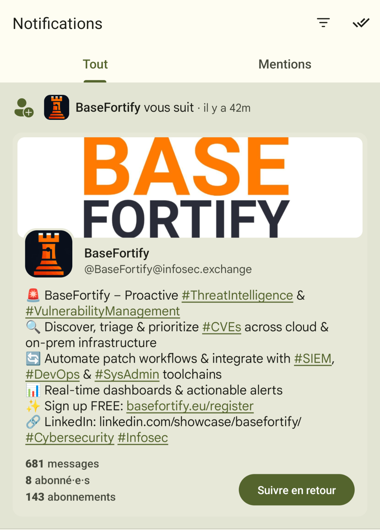 Mastodon's notification screen, a new follow is highlighted. The account is for a threat intelligence company with a description that sells their product.