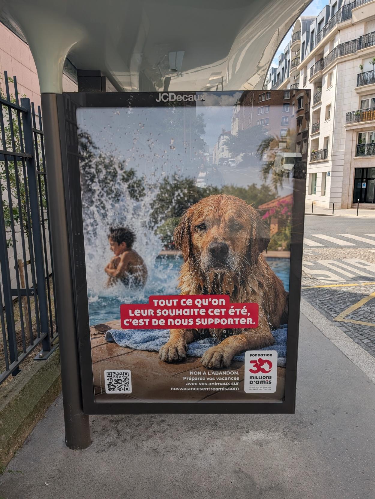 Un abri-bus avec une affiche sur laquelle on voit un chien, visiblement généré par IA, saoulé, trempé et dégoulinant d'eau, avec en arrière-plan un enfant plongeant dans une piscine. On peut lire "Tout ce qu'on leur souhaite cet été, c'est de nous supporter"