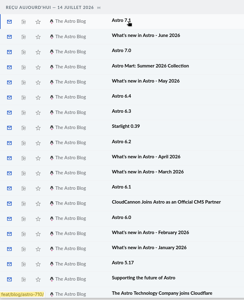 A list of articles for "The Astro Blog", listed as "received today, July 14th". A mouse cursor is over the first entry and in the bottom left corner we can see an URL that points to "feat/blog/astro-710"